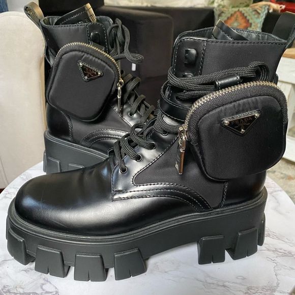 Prada Black Leather Combat Boots with Detachable Pouch - Picture 5 of 16